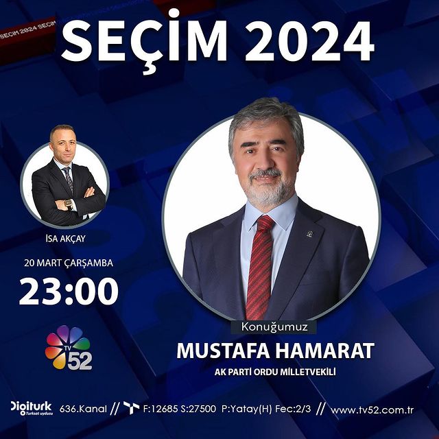 AK Parti Ordu Milletvekili Mustafa Hamarat, siyasi gelişmeleri ve 2024 seçimlerini değerlendirmek üzere televizyon programında söz alacak.